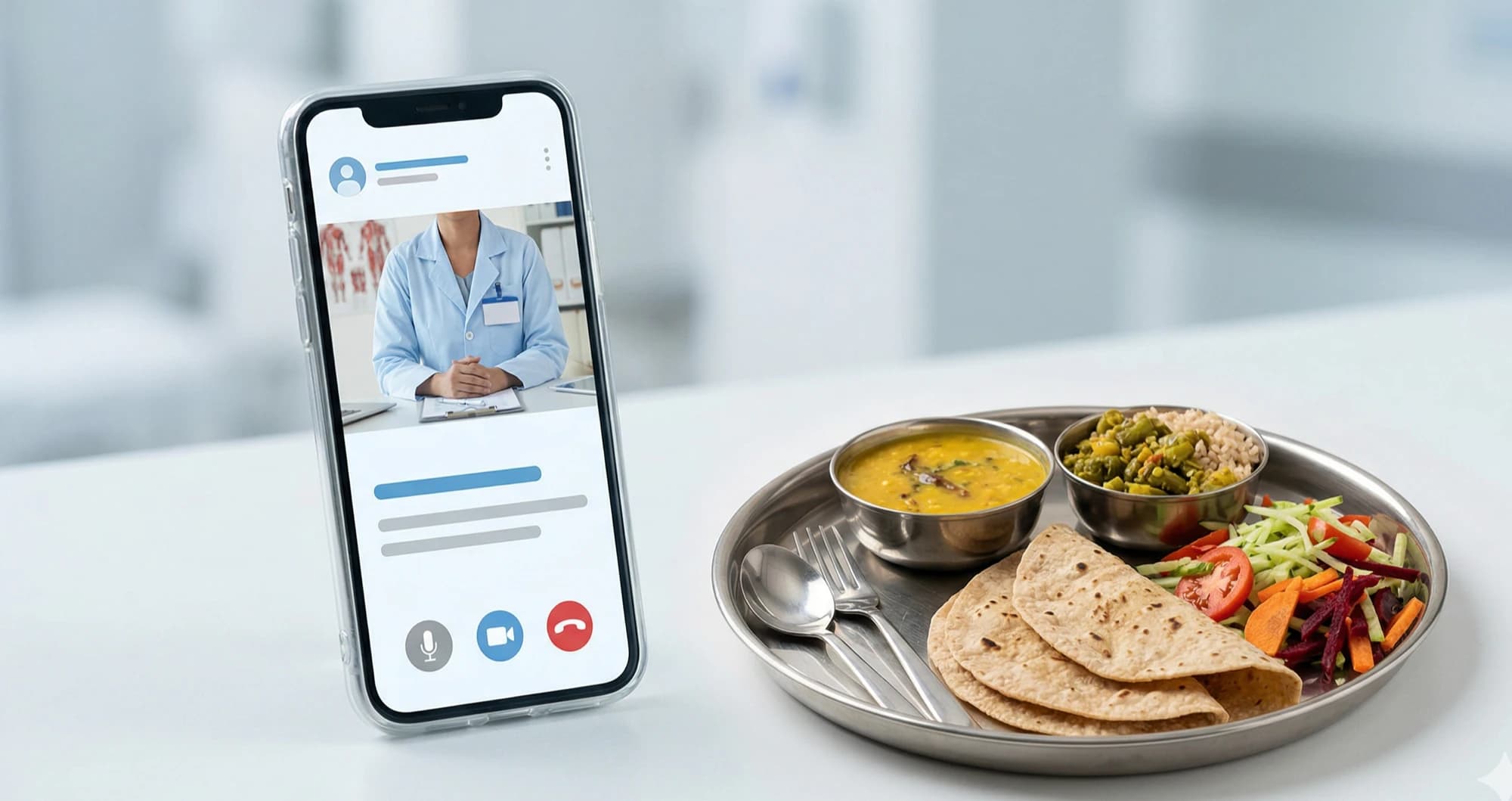 Nutritionist video consultation with an Indian meal